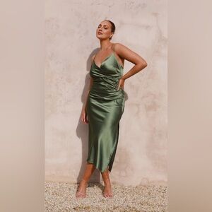 Billy J Monte Satin Slip Midi Dress - Olive Size 4 NWT Bridesmaid Weddin…